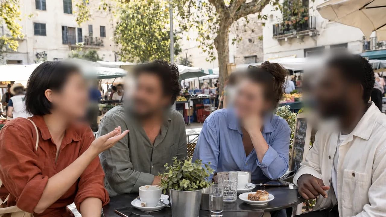 Resultado real: quatro pessoas sentadas em volta de uma mesa de café, com todos os rostos desfocados