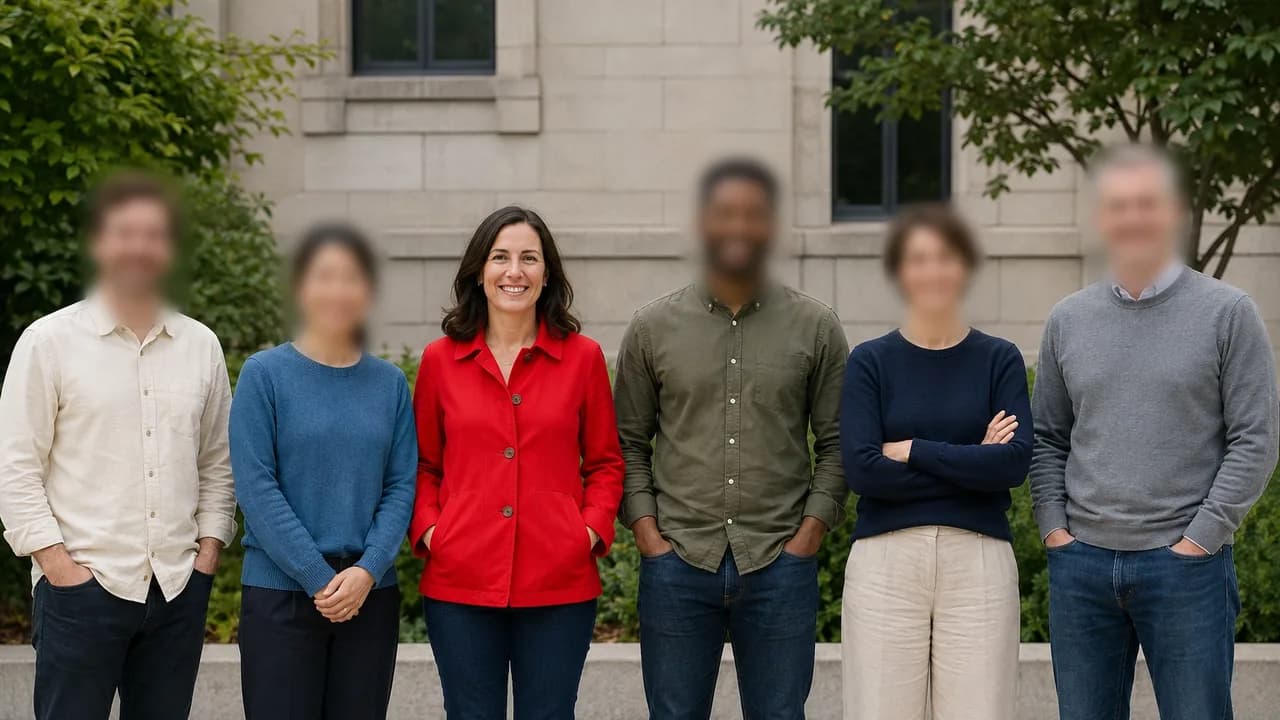 A real result: one of six people standing in a row kept visible, the other faces blurred