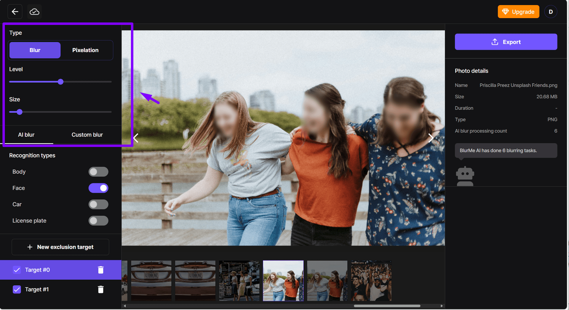 Screenshot che mostra i controlli per regolare l’intensità e la dimensione della sfocatura, per migliorare la qualità foto con effetto blur personalizzato.