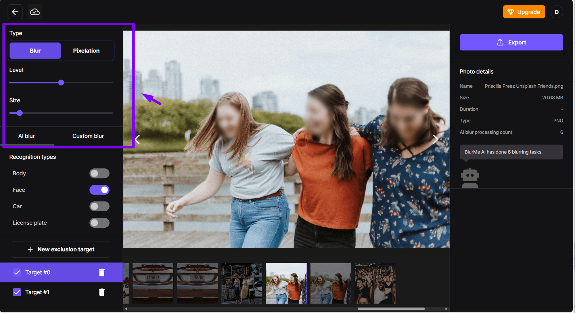 Screenshot che mostra i controlli per regolare l’intensità e la dimensione della sfocatura, per migliorare la qualità foto con effetto blur personalizzato.