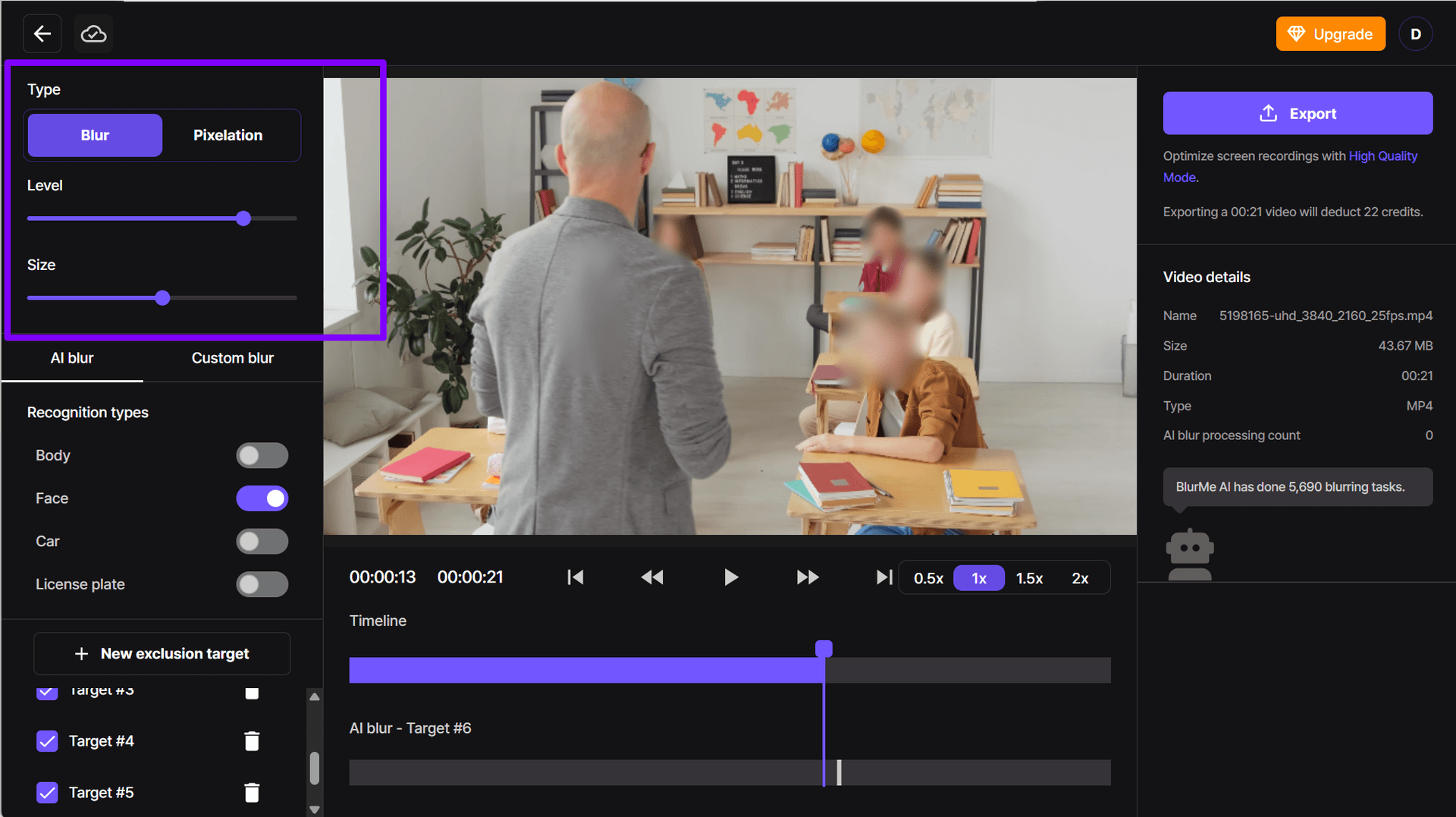 Interfaz de BlurMe ajustando tamaño e intensidad del pixelado en las caras
