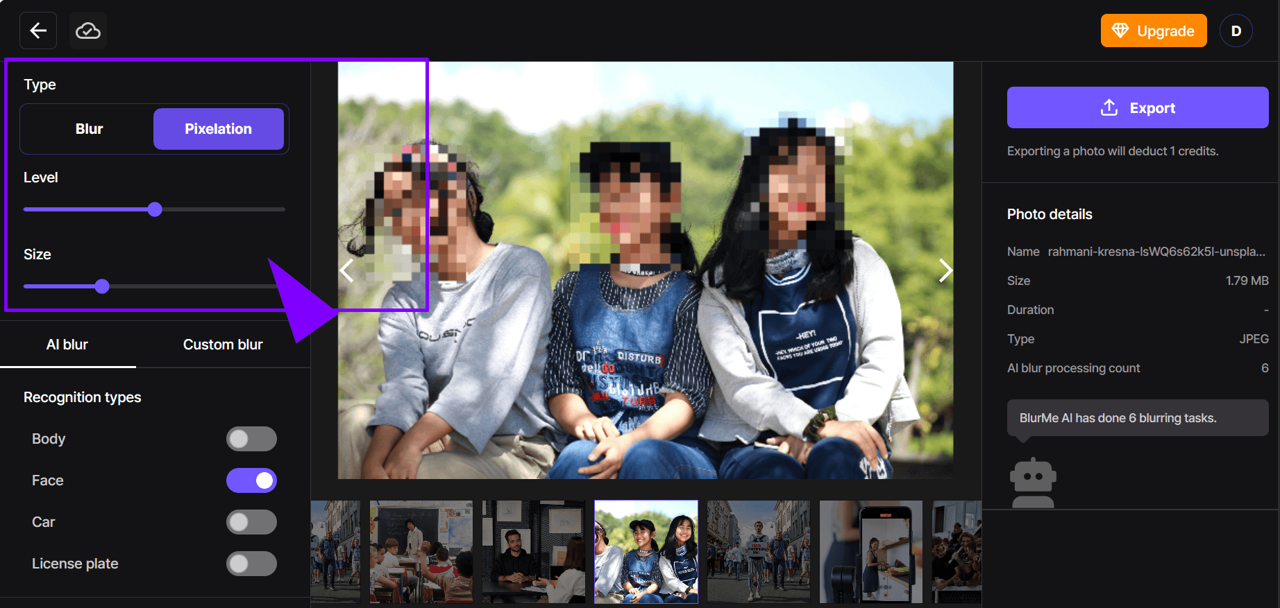 Ajustar nivel de pixelado para difuminar cara en la foto y garantizar anonimato.