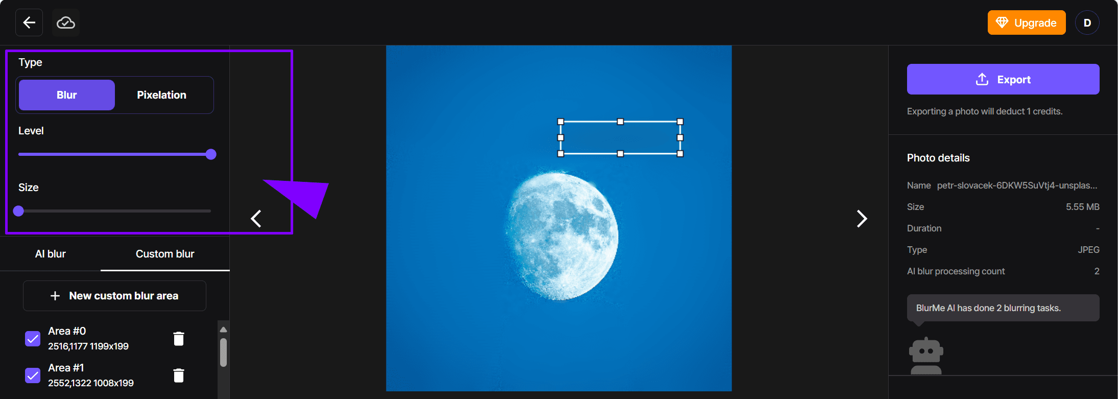 Ajustar pixelado en BlurMe para difuminar objetos o rostros en fotos.