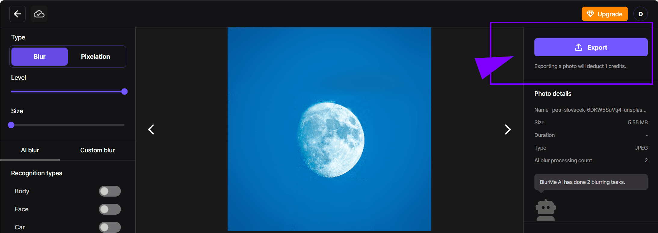 Descargar imagen editada sin marca de agua después de quitar objetos con BlurMe.