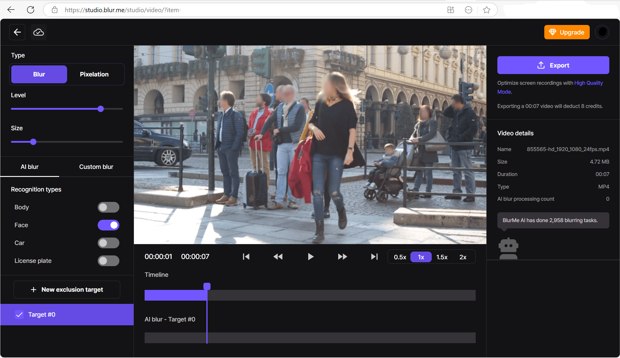 Captura de pantalla del dashboard de BlurMe mostrando la interfaz para desenfocar un video.