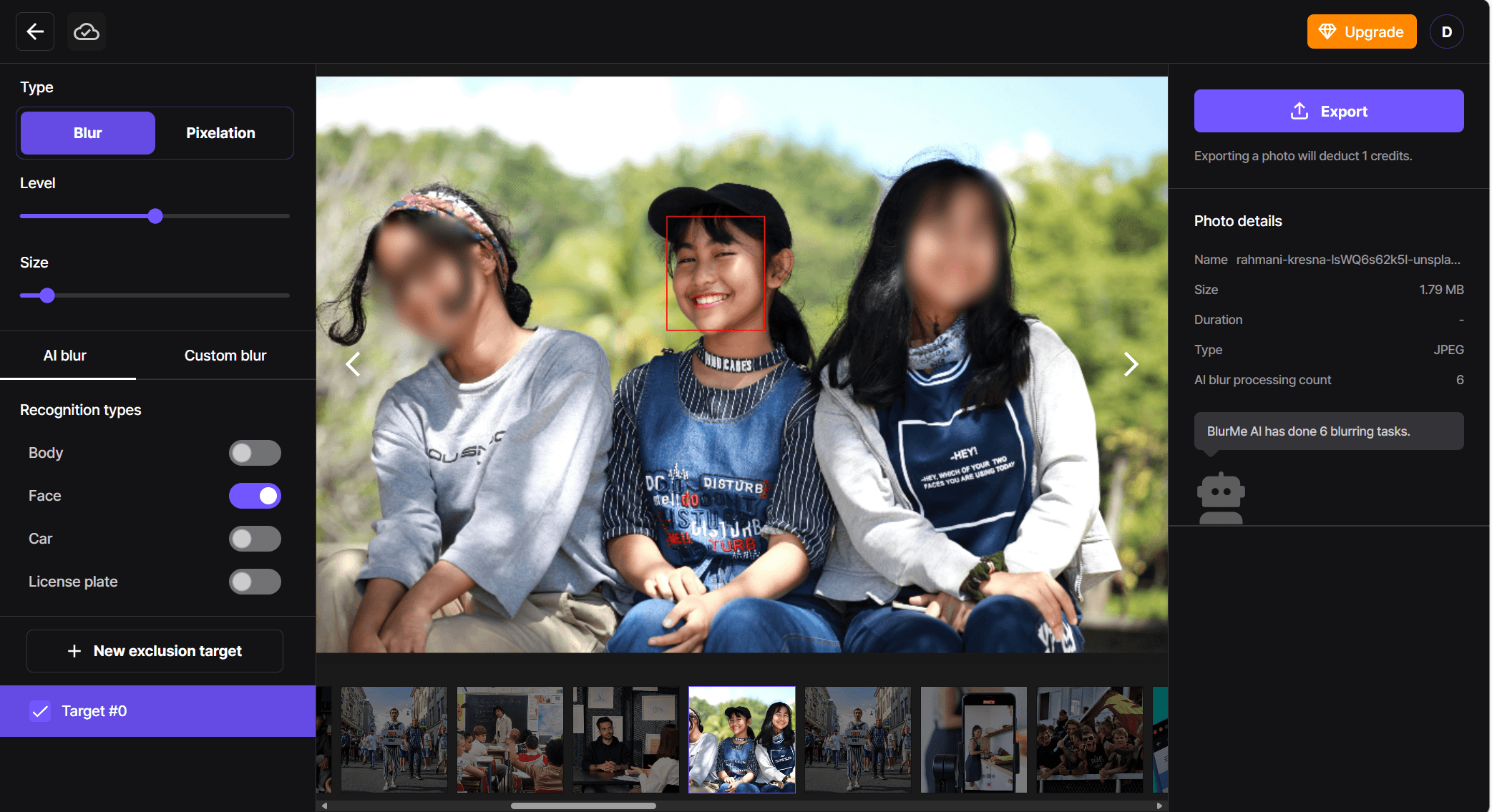 Image montrant l’outil AI Blur détectant automatiquement les visages sur la photo