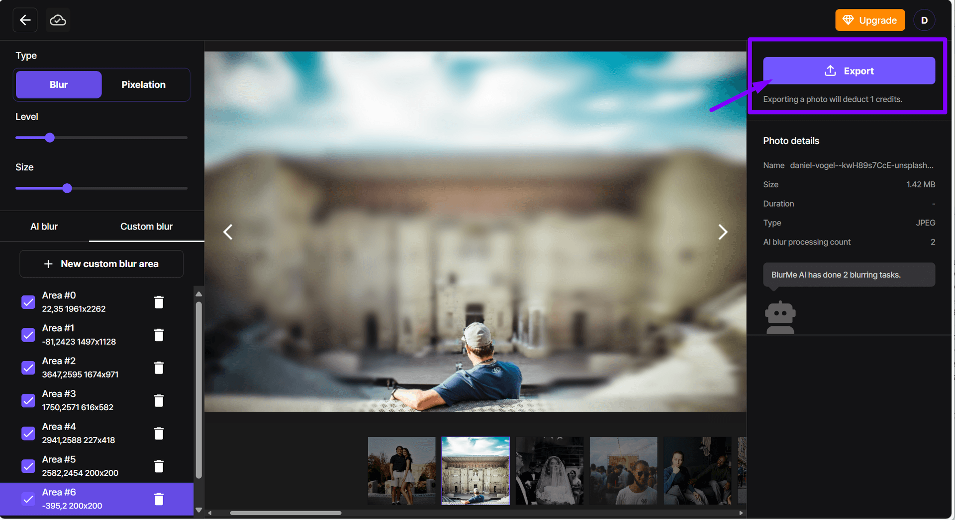 Option d’exportation de BlurMe pour sauvegarder la photo floutée