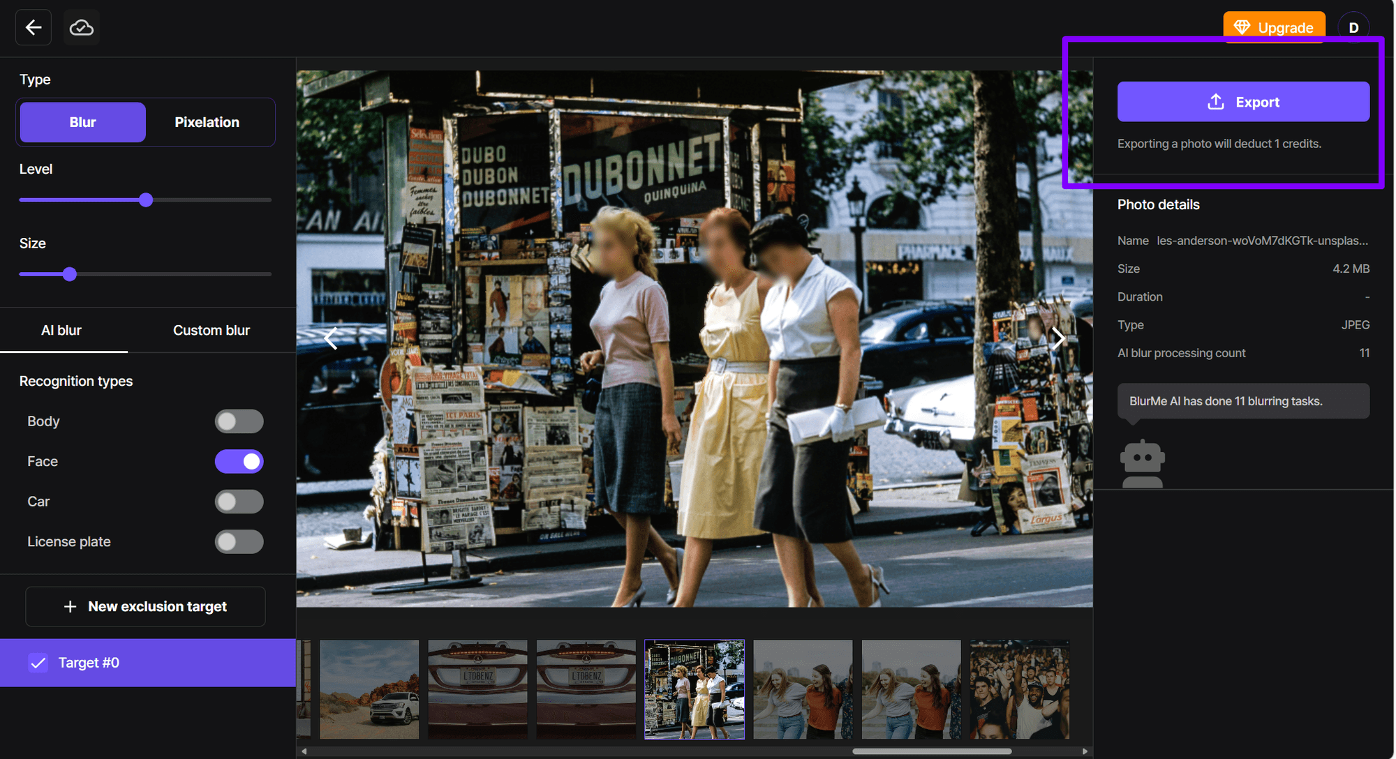 Capture d'écran du bouton "Exporter" pour récupérer une photo floutée sur le site BlurMe