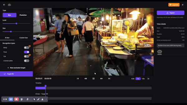 View of BlurMe’s video editing interface showing blur options for intensity and size
