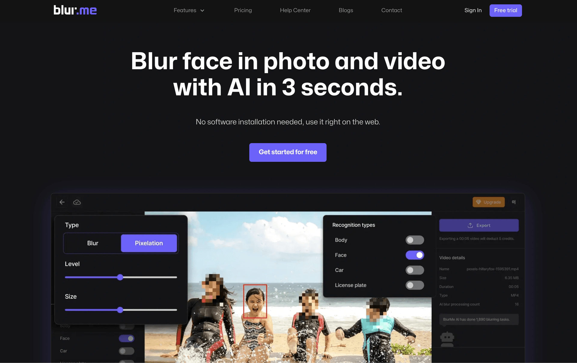 ピクセル化プロセスを示すBlurMeのインターフェース。