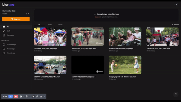 BlurMe Studio interface showing how to upload any video to easily blur