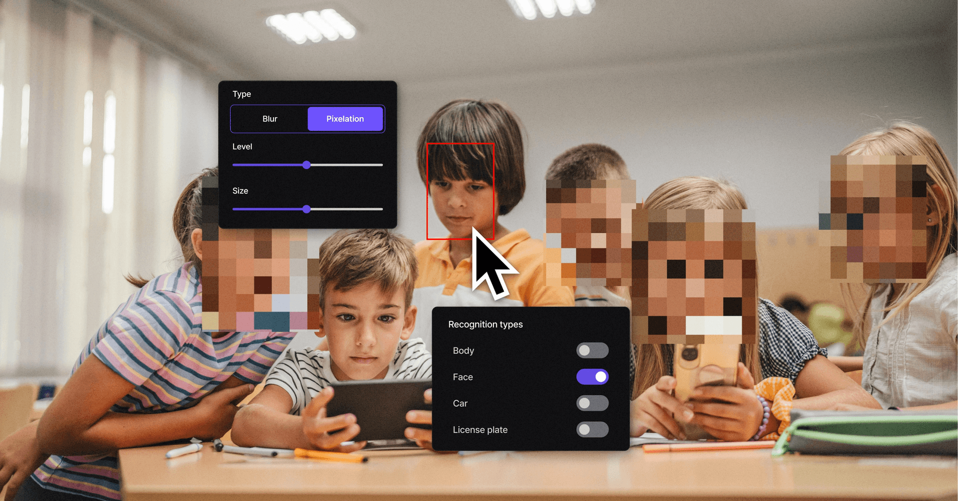 Children being pixelated by BlurMe pixelation dashboard showing options for face anonymization