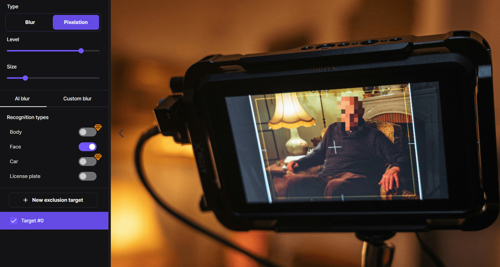 Person being interviewed on camera with pixelated face for privacy using BlurMe