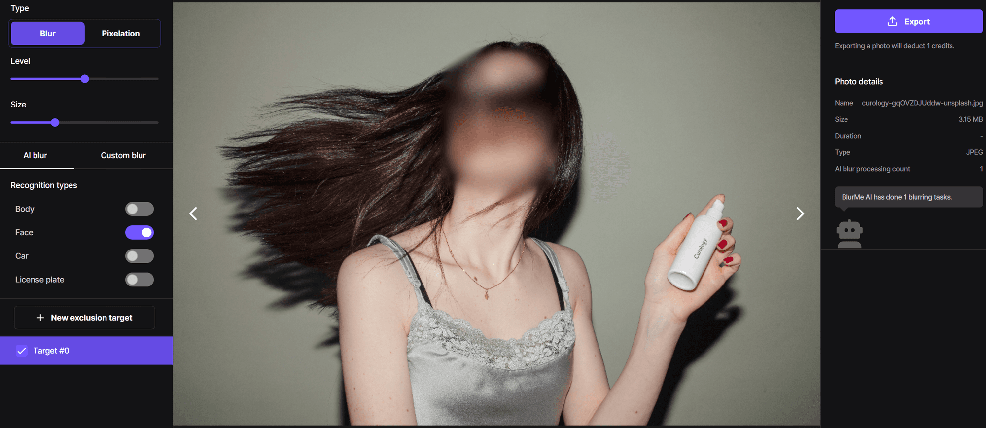 Dashboard interface showing BlurMe's blur tool for faceless content creation