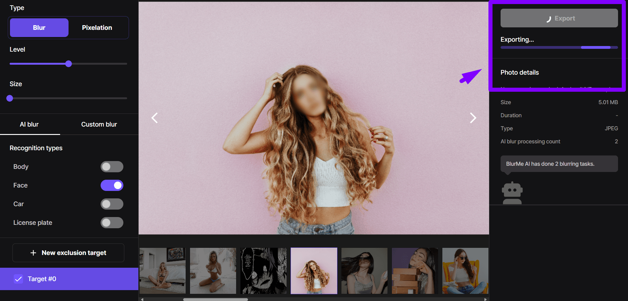 An export button on the BlurMe interface with a blurred face image