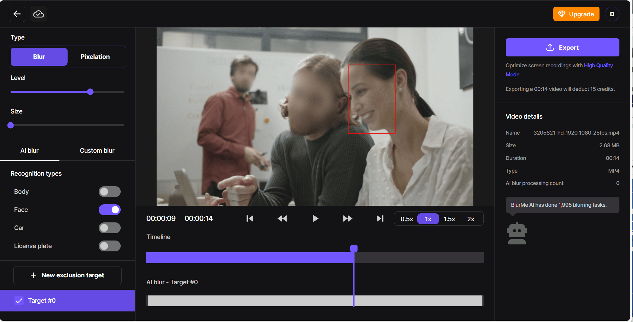 Capture d'écran de l'interface de l'outil de flou avec des zones de flou sélectionnables
