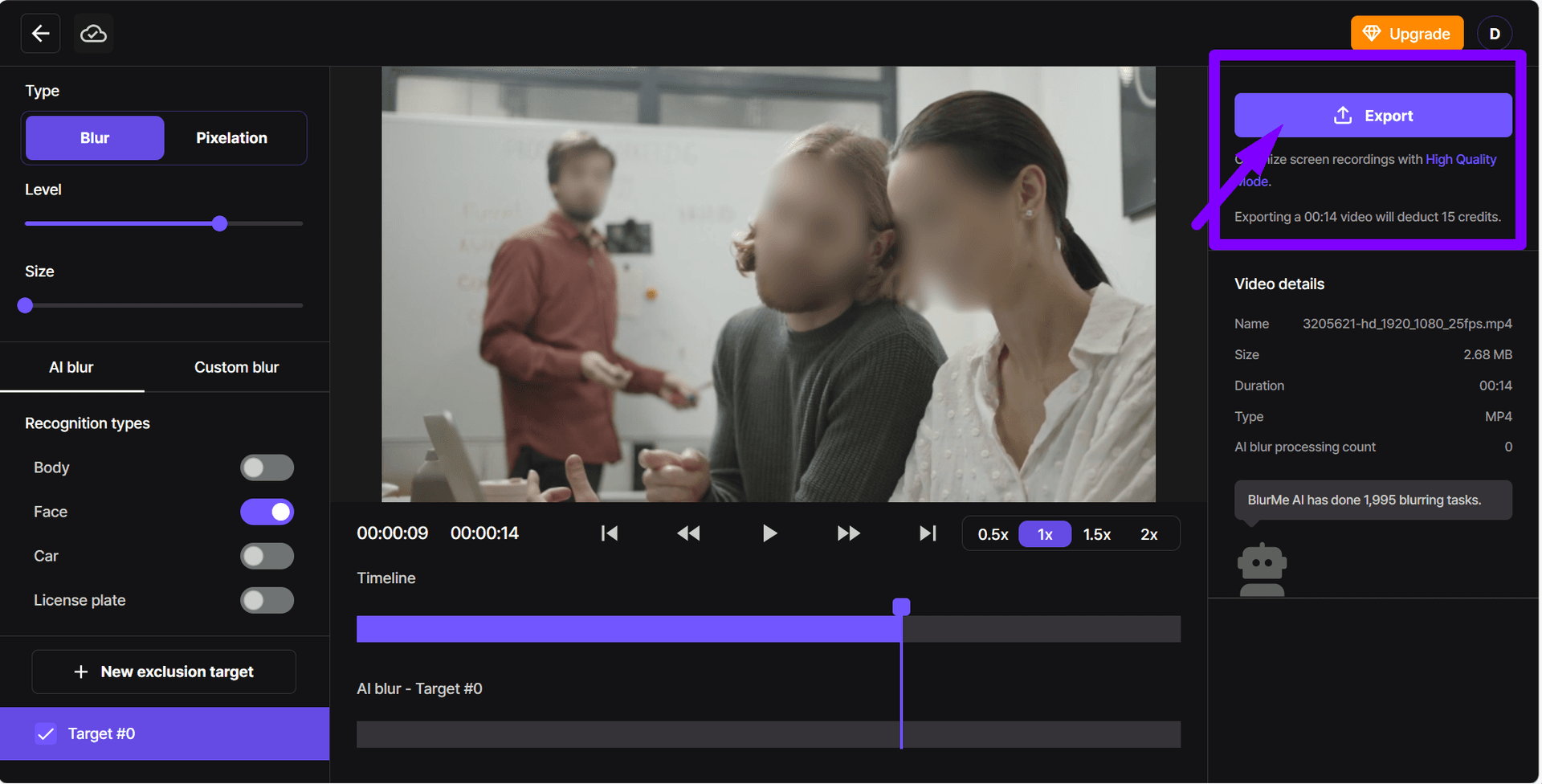 Captura de pantalla del video final desenfocado con un botón de exportación resaltado