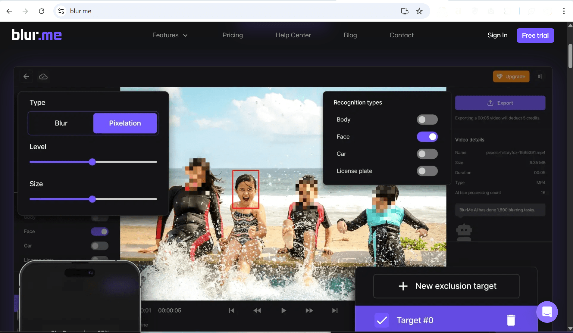 BlurMe website interface where users can upload OnlyFans videos to blur faces