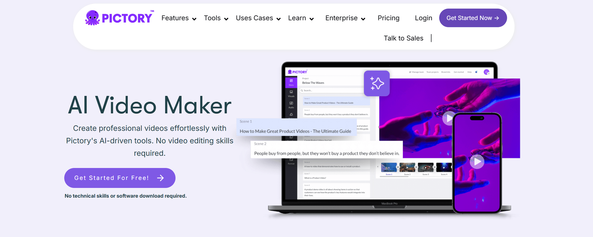 Homepage showing Pictory faceless video creation website