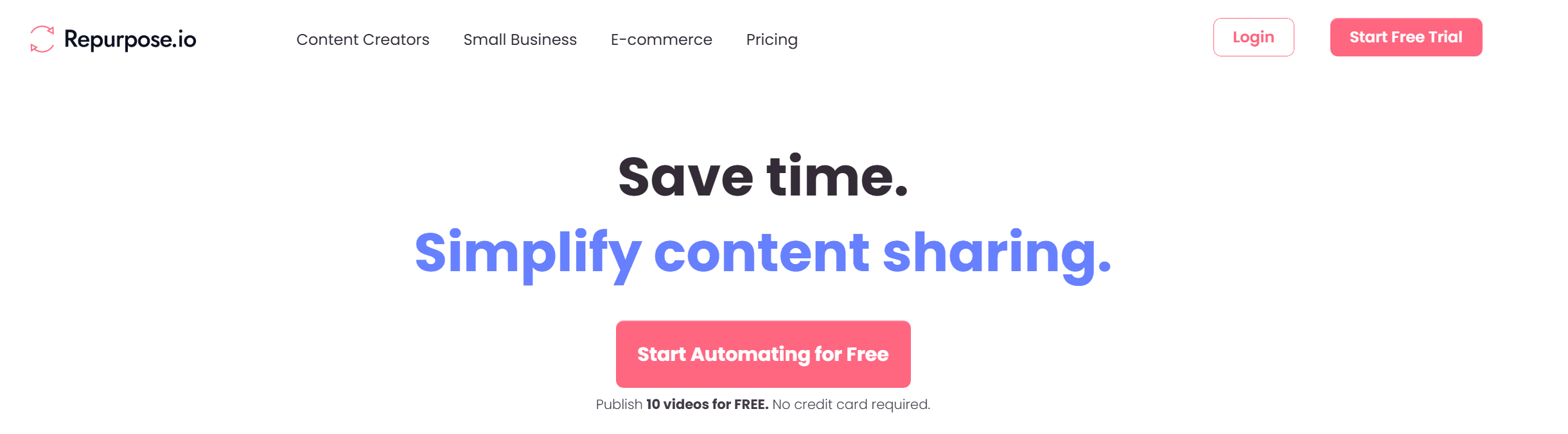Homepage for repurpose.io showing how to convert different videos easily