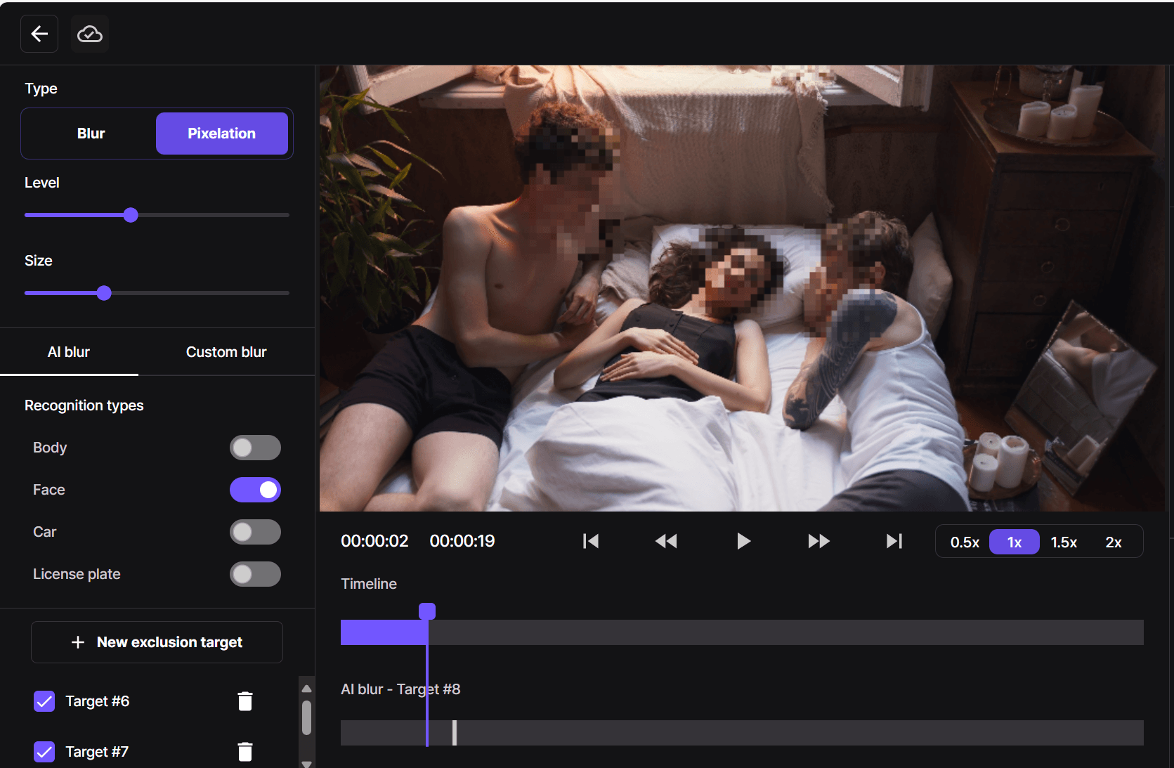 BlurMe’s blur style options, showing pixelation