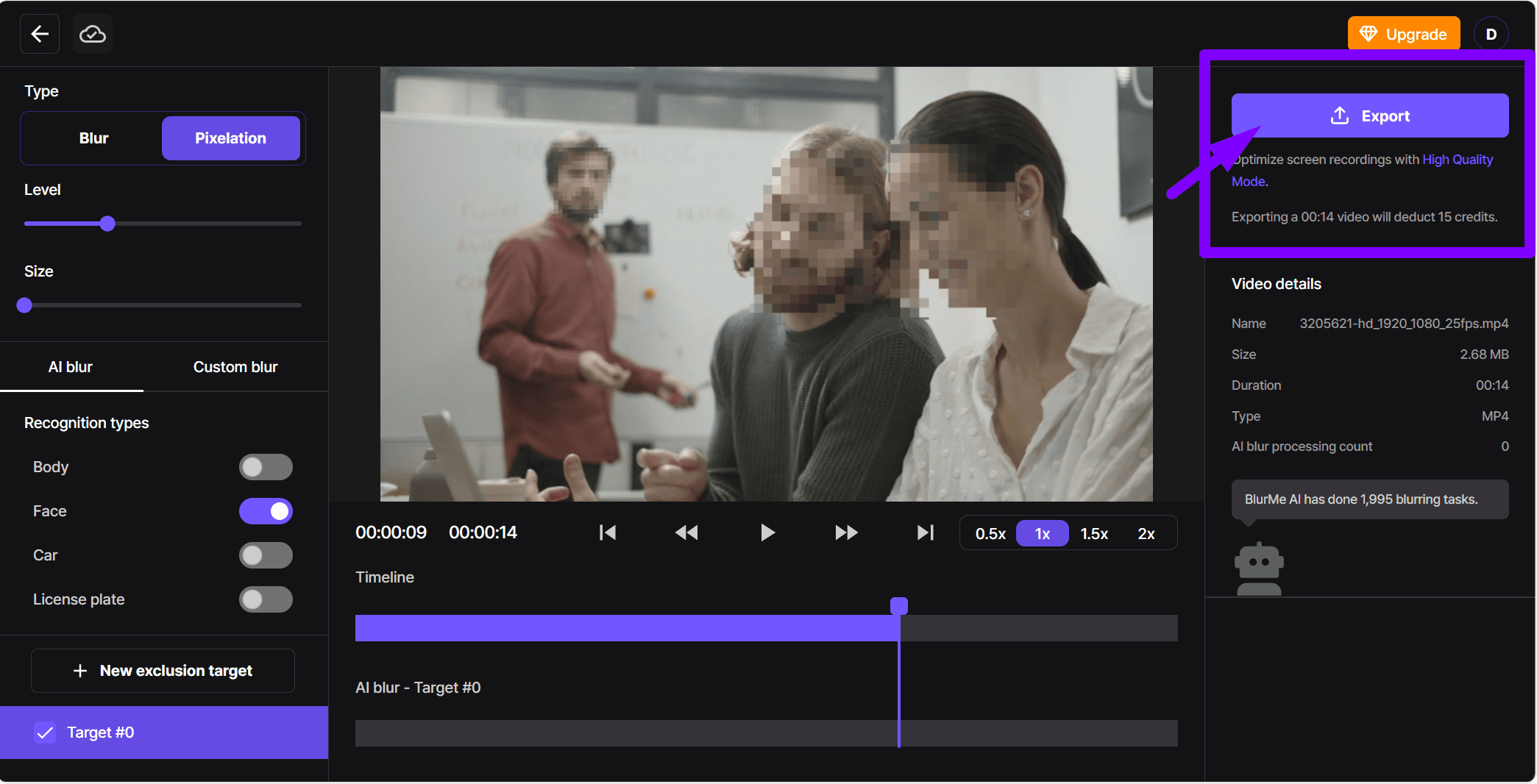 エクスポートボタンがハイライトされた、最終的にピクセル化された動画のスクリーンショット