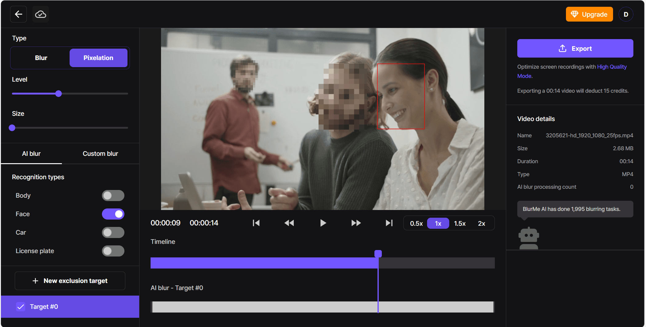 Capture d'écran de l'interface de l'outil de pixelisation avec des sujets sélectionnés pour la pixelisation