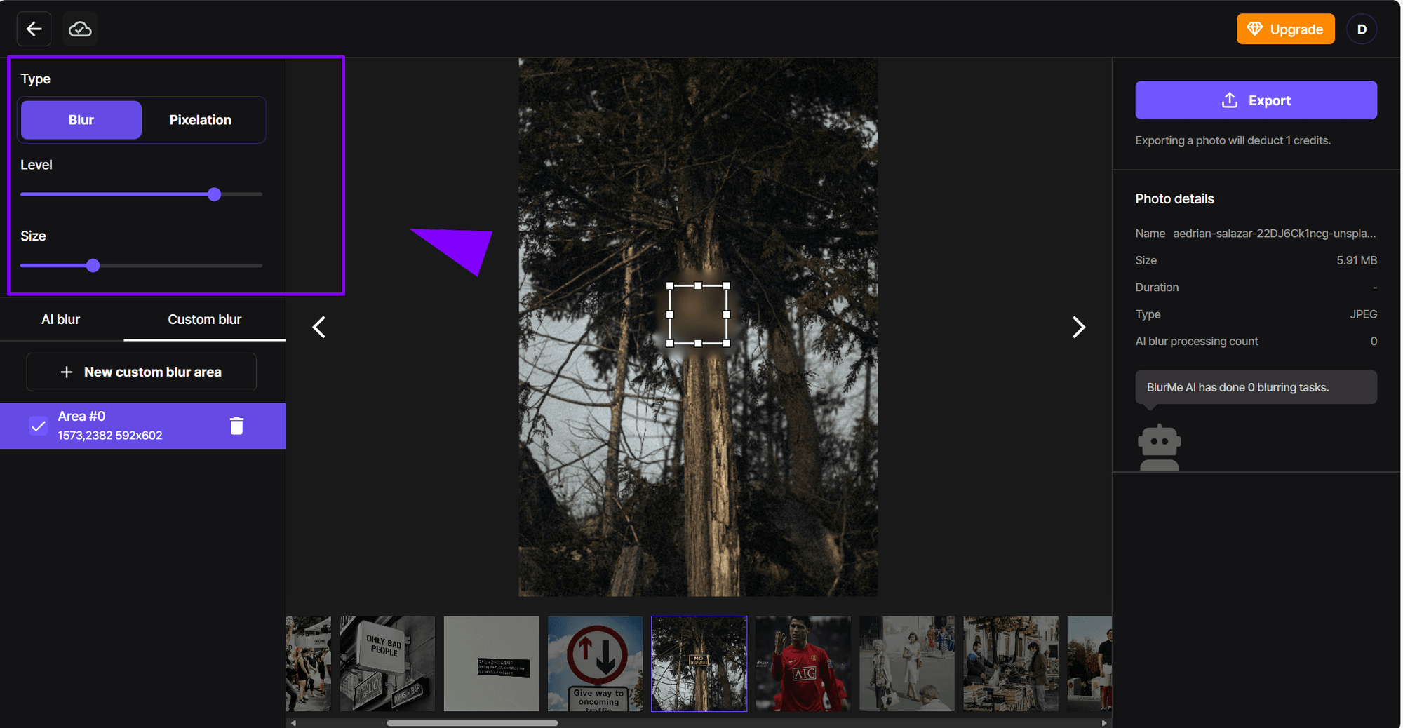 La dimensione e l'intensità di uno strumento di sfocatura vengono regolate per mascherare completamente l'oggetto indesiderato nella foto