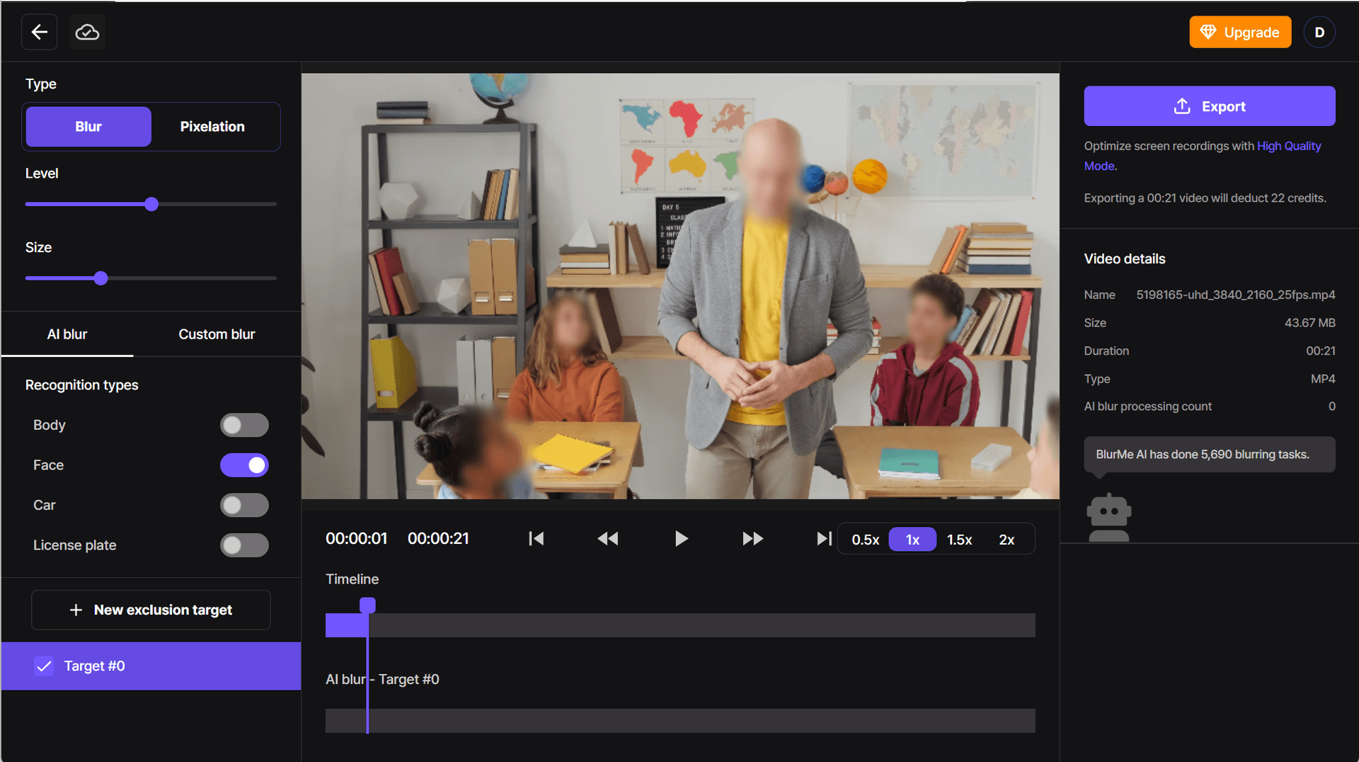 Applying automatic blur effects using BlurMe's AI video editing software