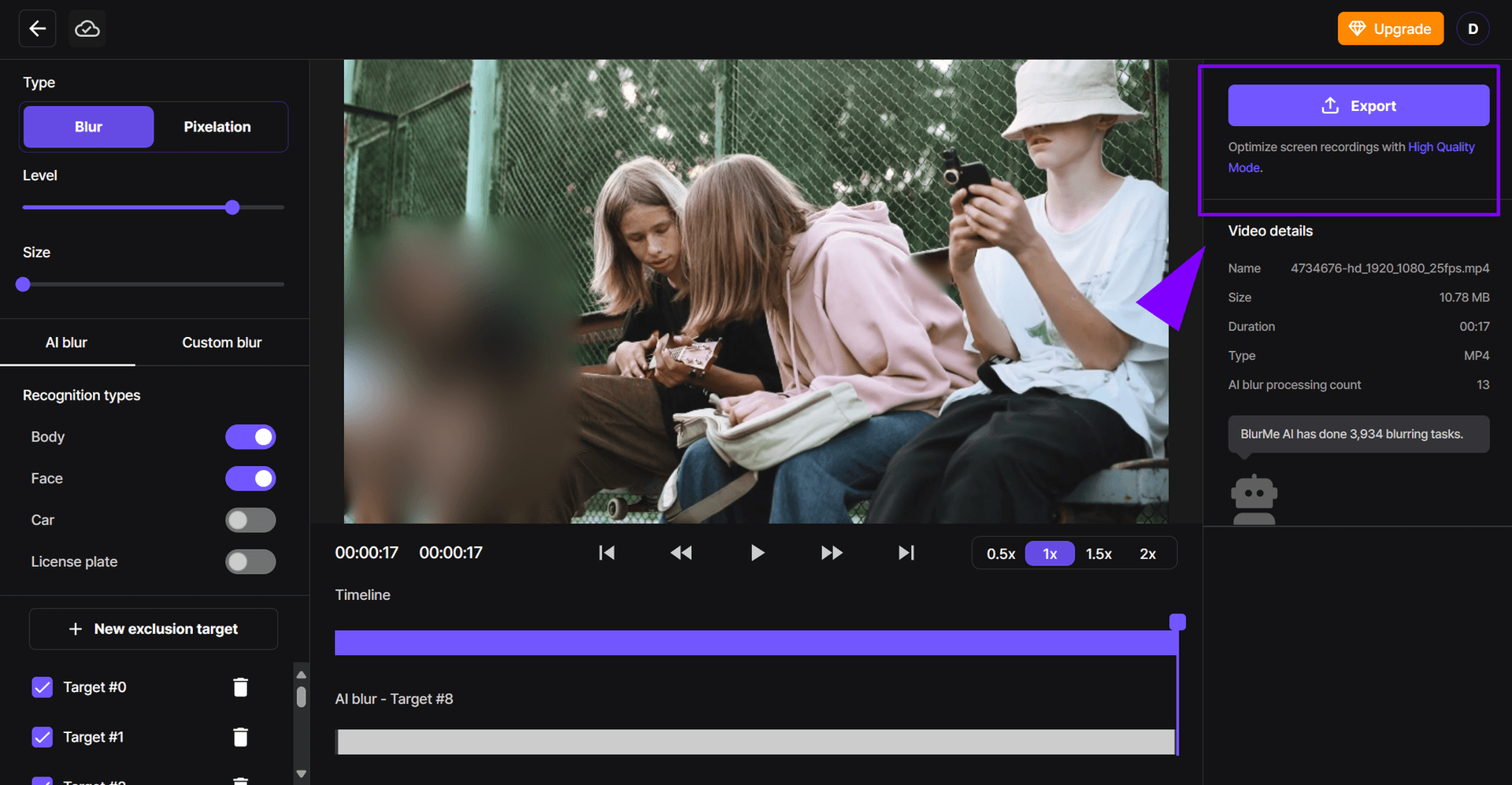 Downloading the watermark-free HD video after editing with BlurMe online