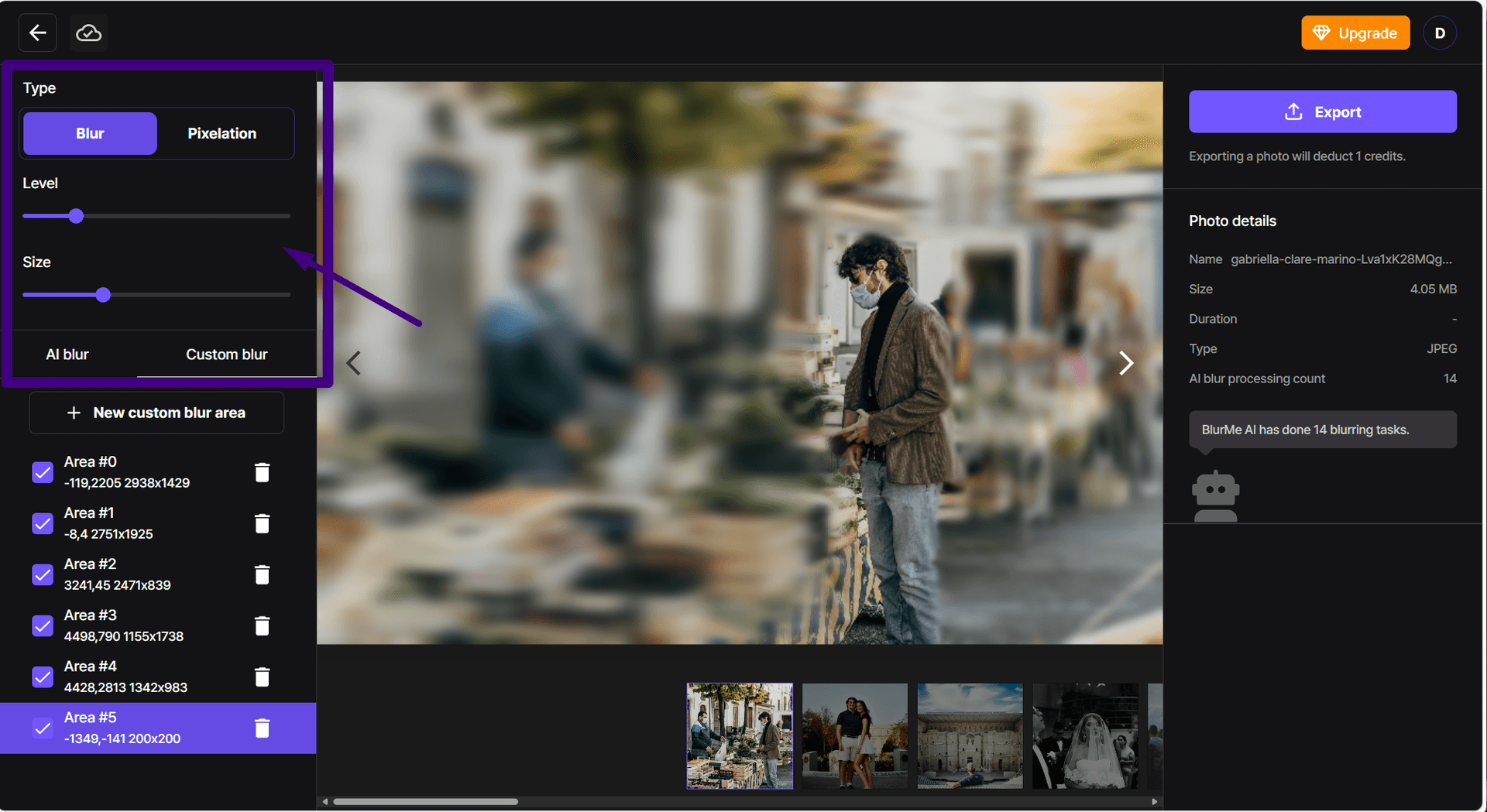 Screenshot of BlurMe interface showing Gaussian blur applied to a selected area with intensity slider adjustment
