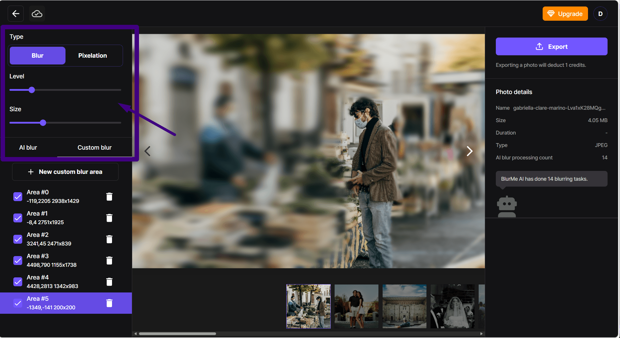 Screenshot of BlurMe interface showing Gaussian blur applied to a selected area with intensity slider adjustment