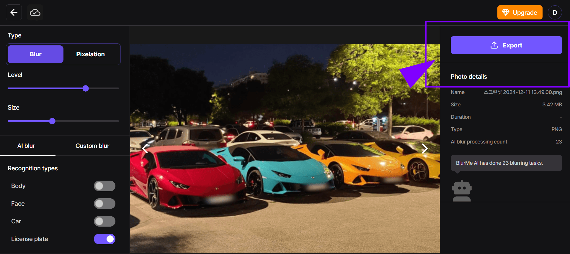 Downloading edited photo with blurred license plate from BlurMe