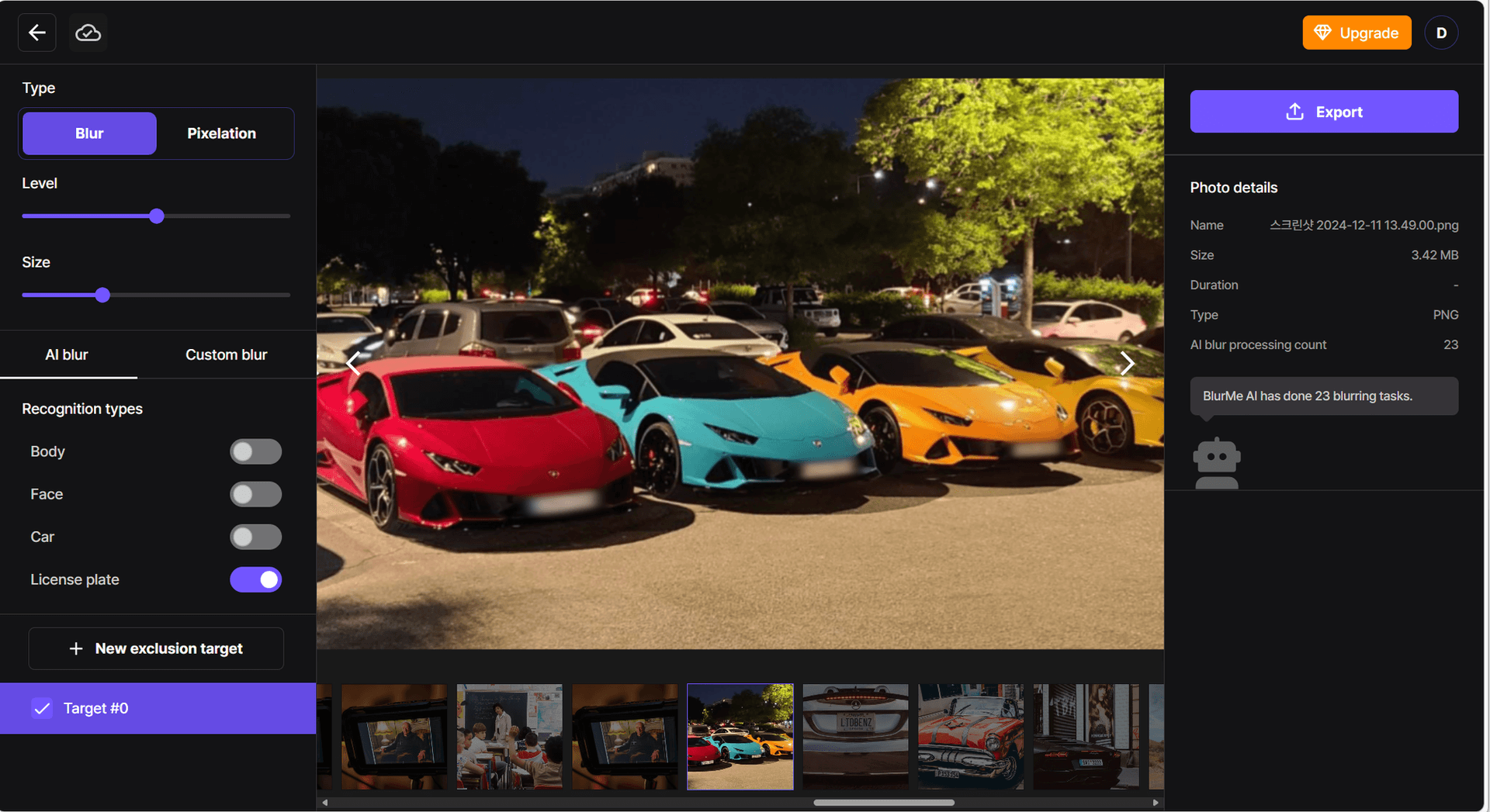 Sélectionner AI blur pour détecter automatiquement les plaques d'immatriculation dans la photo