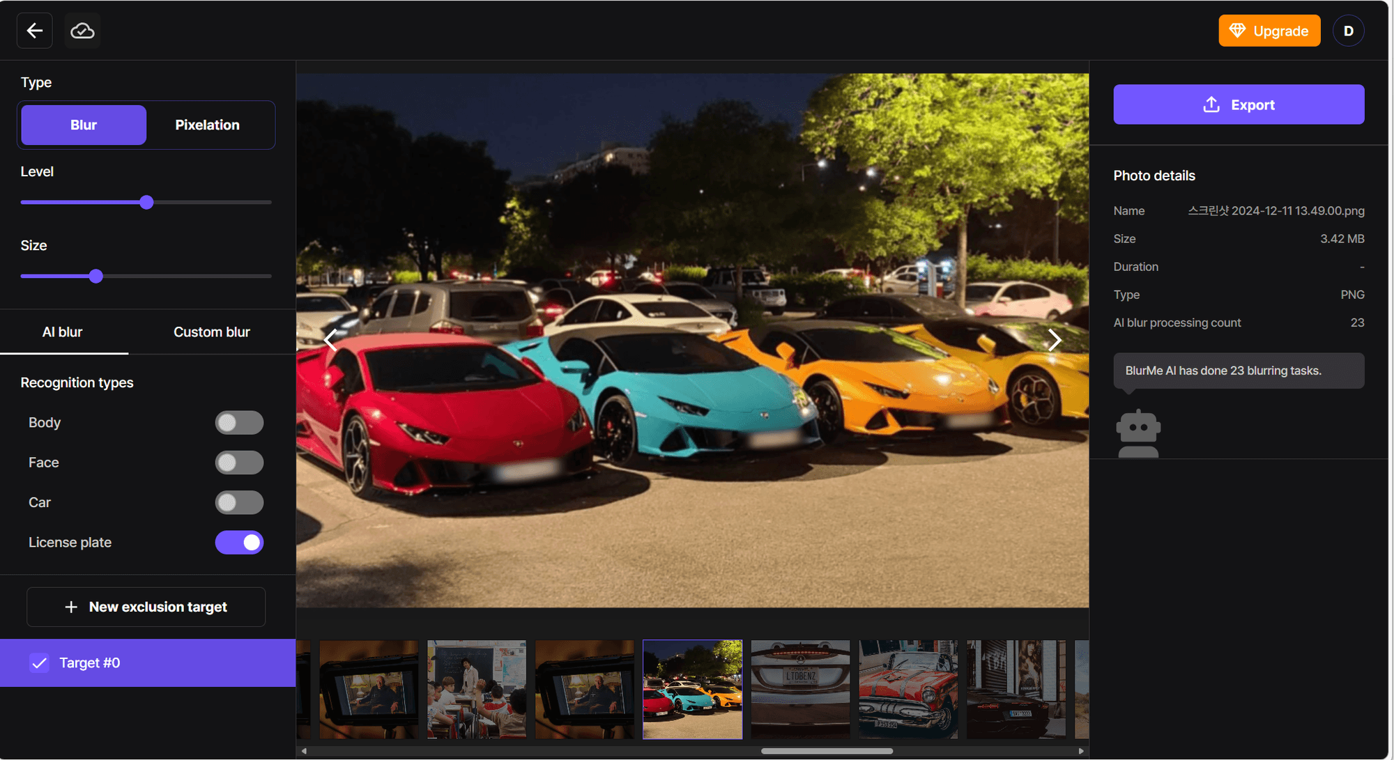 Selecting AI blur to automatically detect license plates in the photo