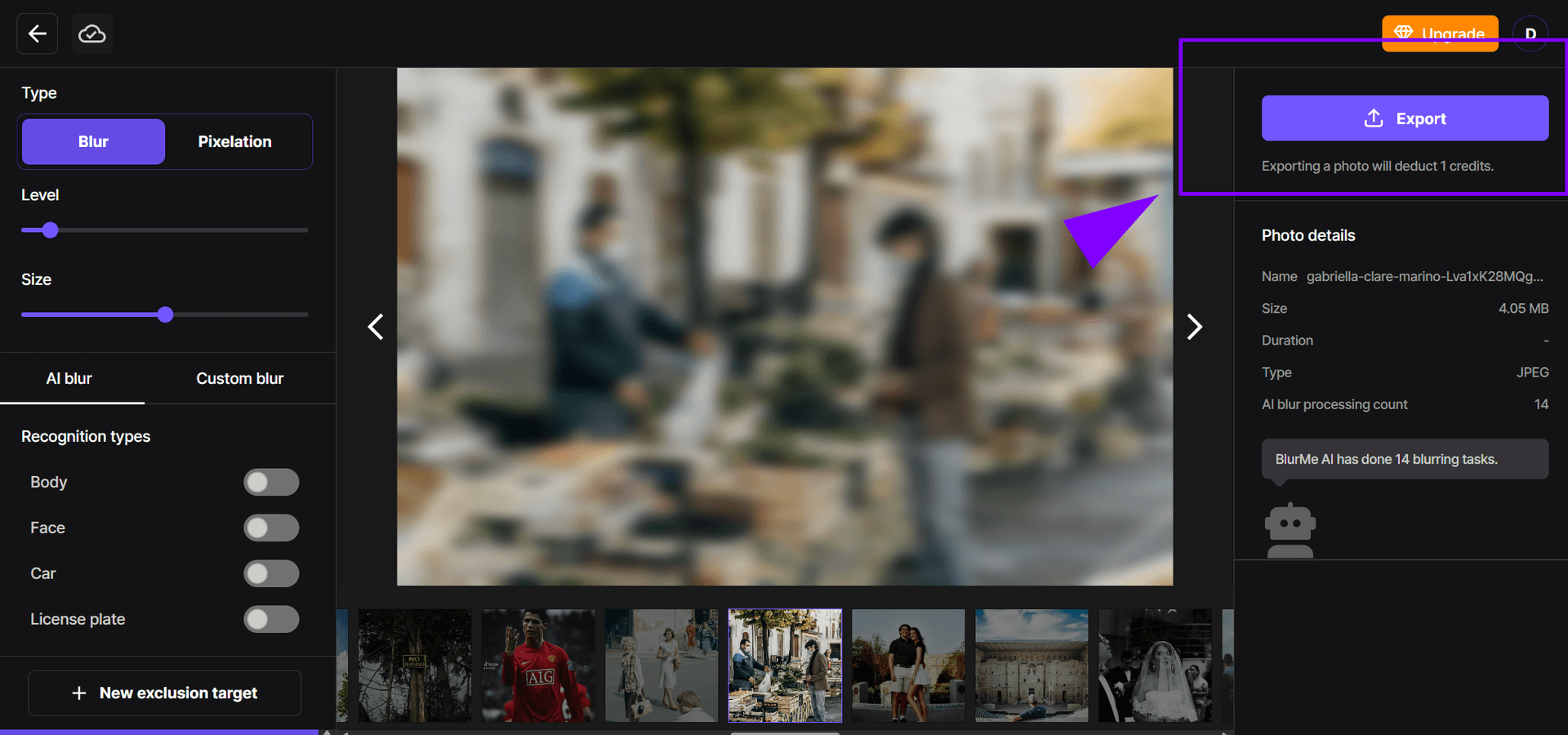 Screenshot of the BlurMe editor with the Export button highlighted to download the image with Gaussian blur effect