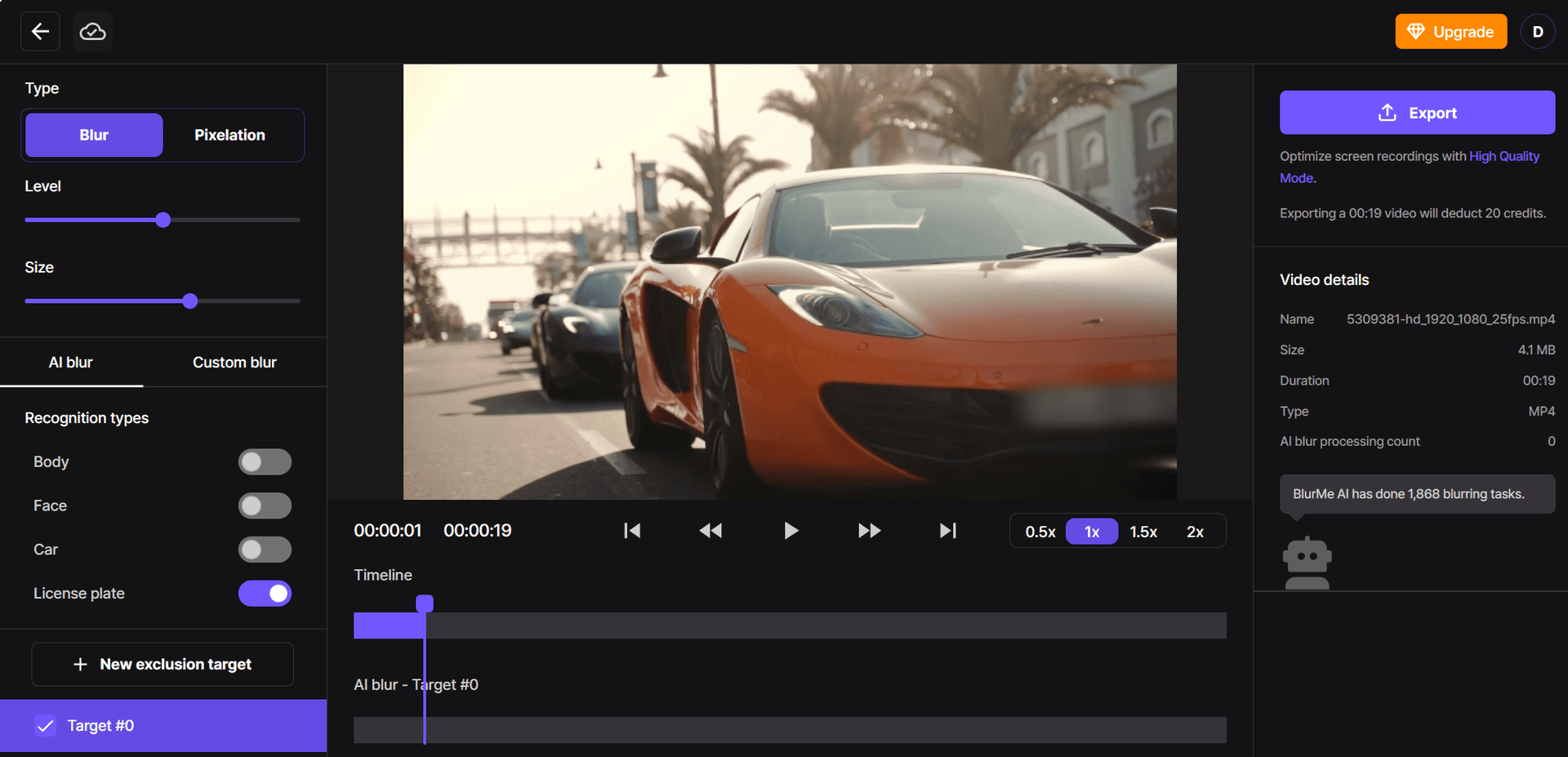 Sélectionner AI blur pour détecter et flouter automatiquement les plaques d'immatriculation dans la vidéo
