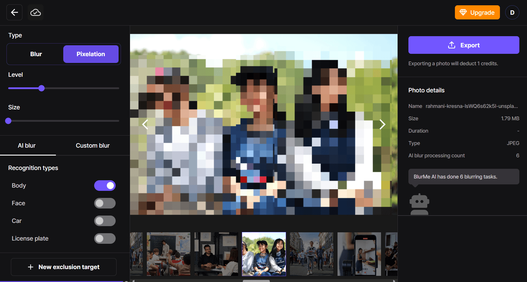 Herramienta de pixelado seleccionada de la barra de herramientas de edición de BlurMe con configuraciones de filtro de píxeles visibles
