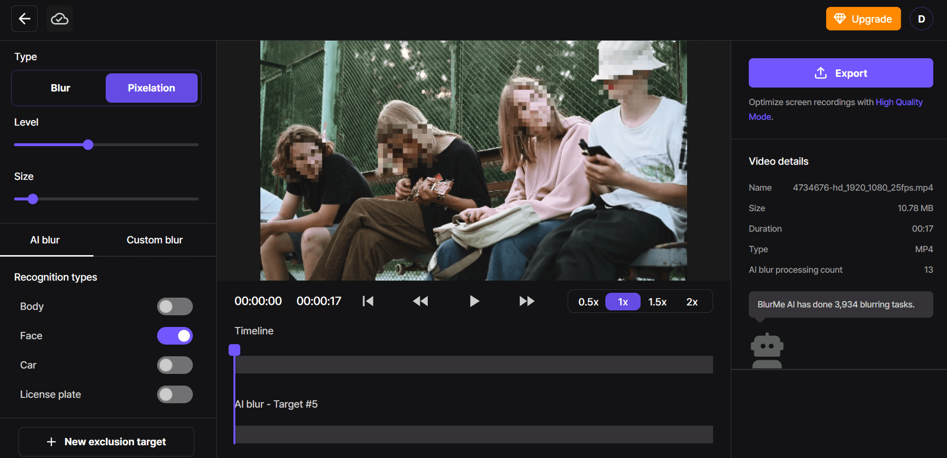 Sélection de l'outil de pixelisation sur le logiciel de flou de visage vidéo de BlurMe pour appliquer une mosaïque