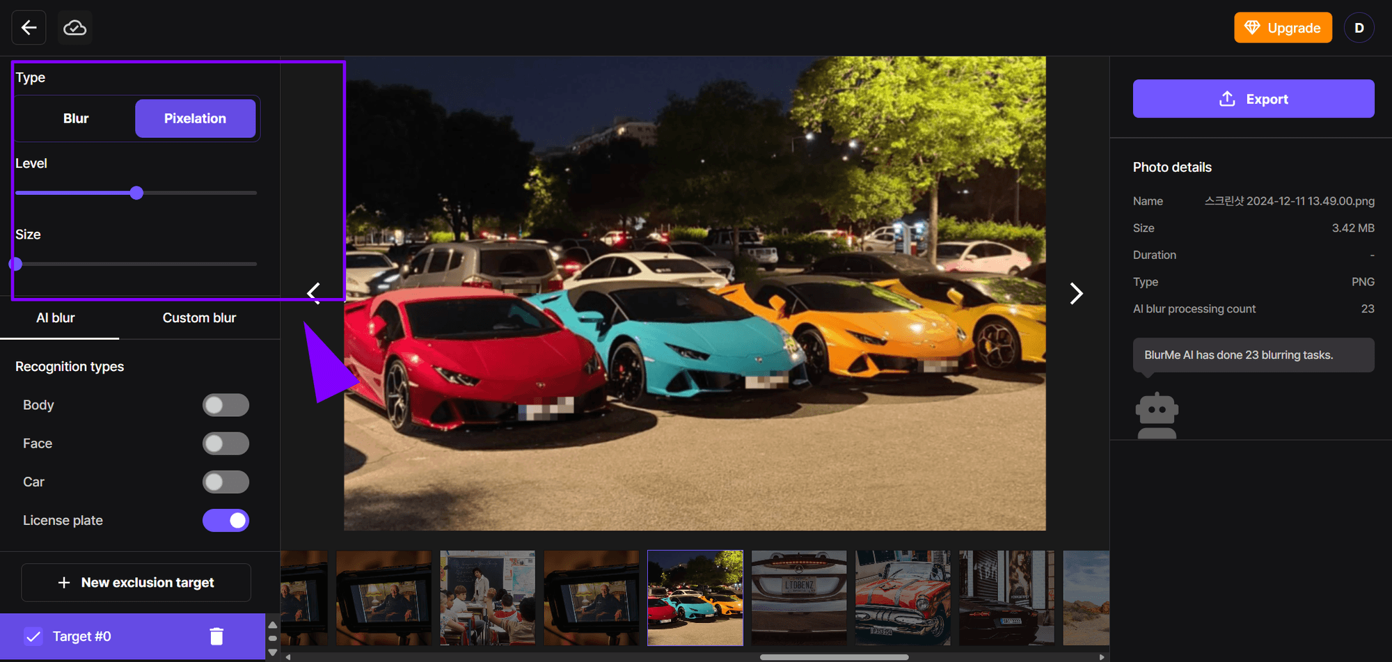 Adjusting blur strength slider to obscure license plate in photo