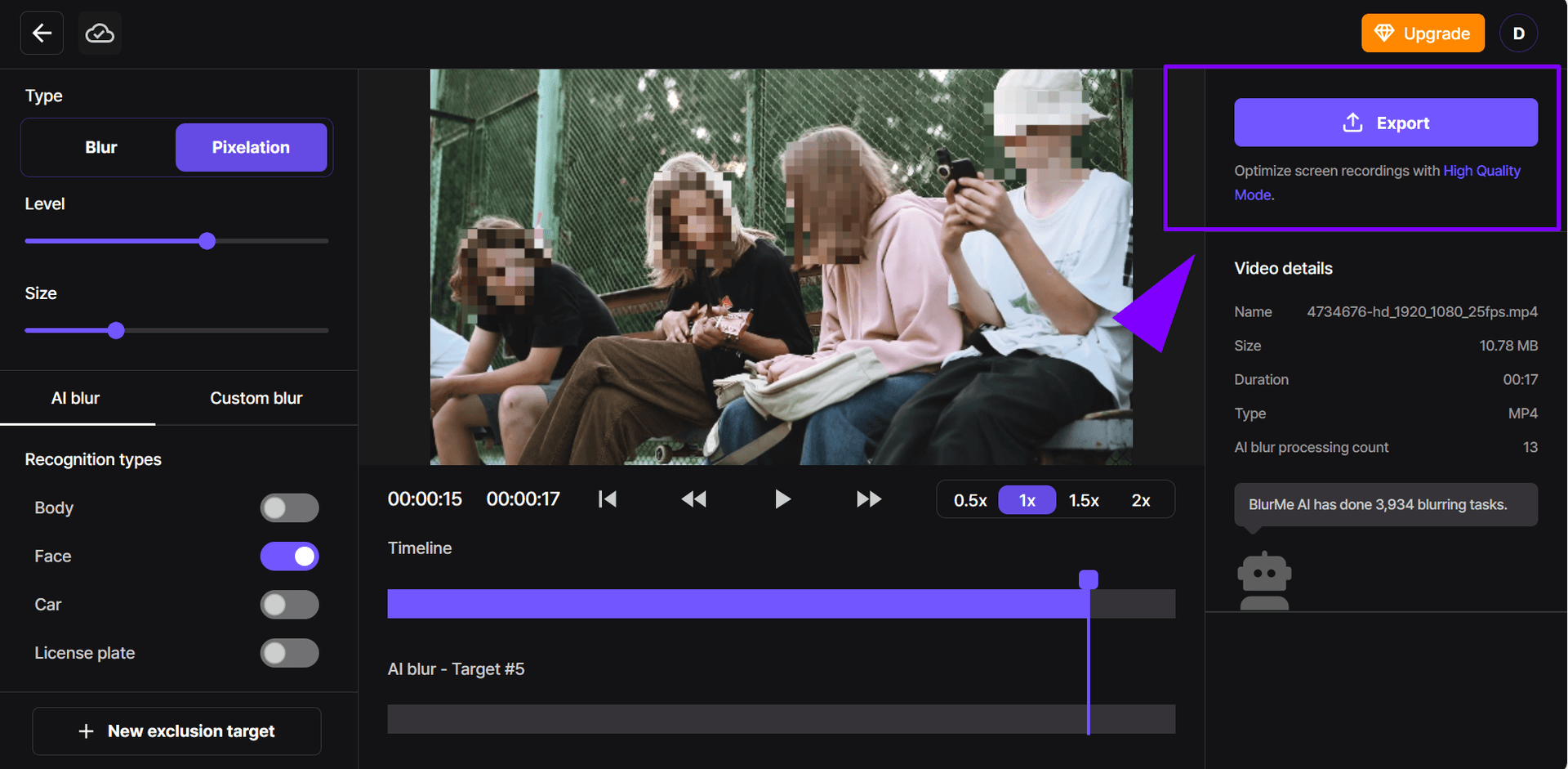 Exporter la vidéo finale pixélisée après avoir utilisé l'outil de pixelisation de BlurMe