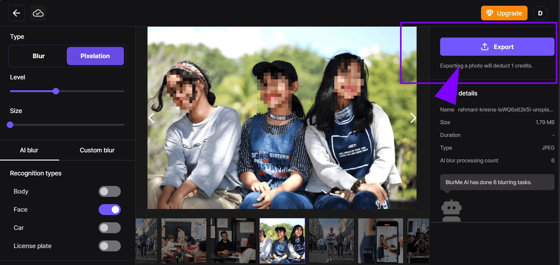 Vista previa de la foto pixelada con efecto de pixelado aplicado