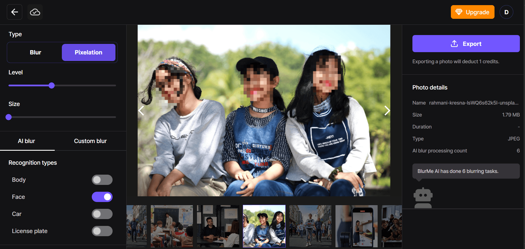 Selección de parte de la foto para pixelar usando BlurMe pixelador de fotos