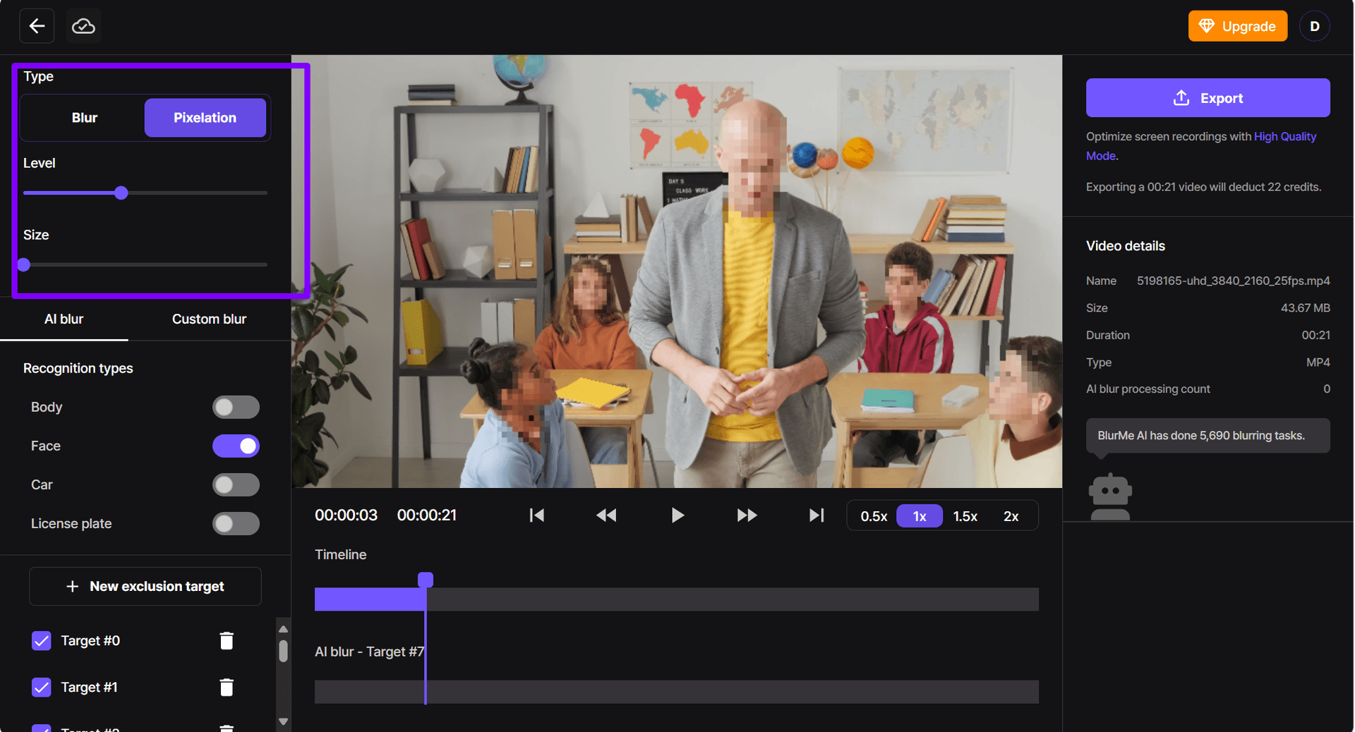 Ajustement du curseur d'intensité de la pixélisation pour augmenter la taille des blocs
