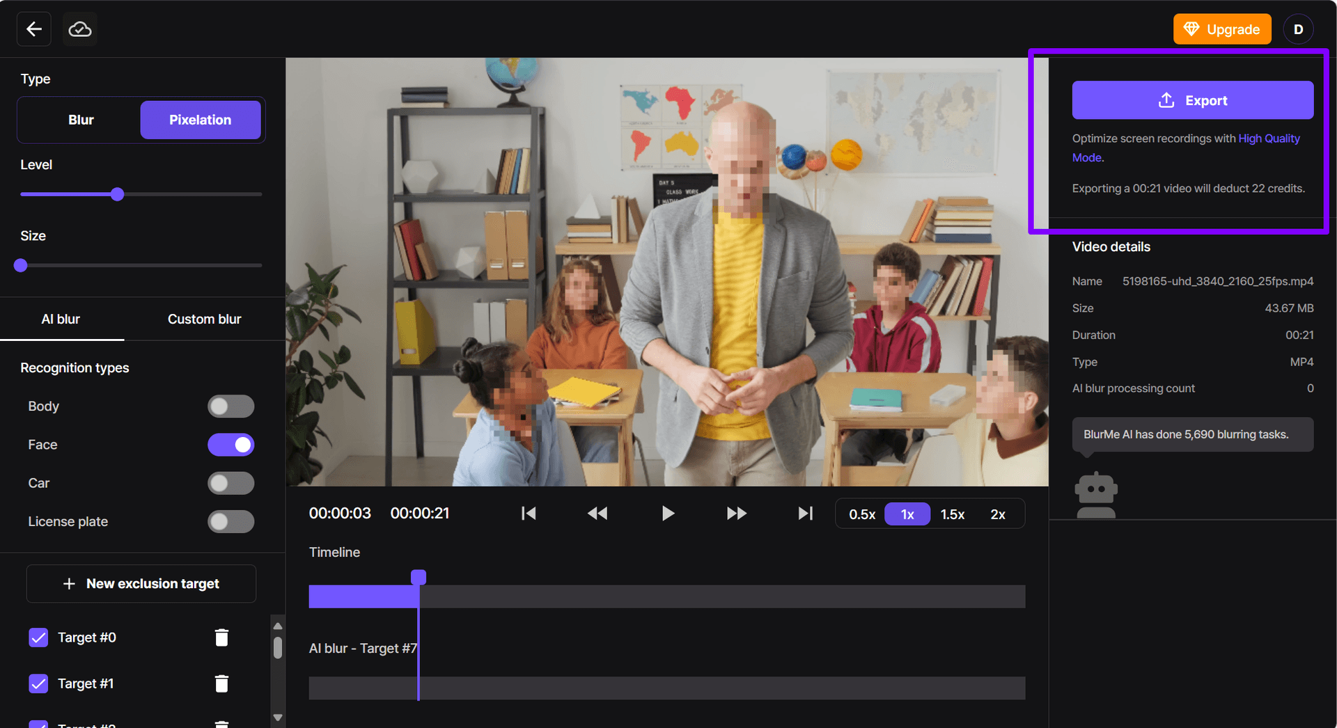 Anteprima ed esportazione del video pixelato finale