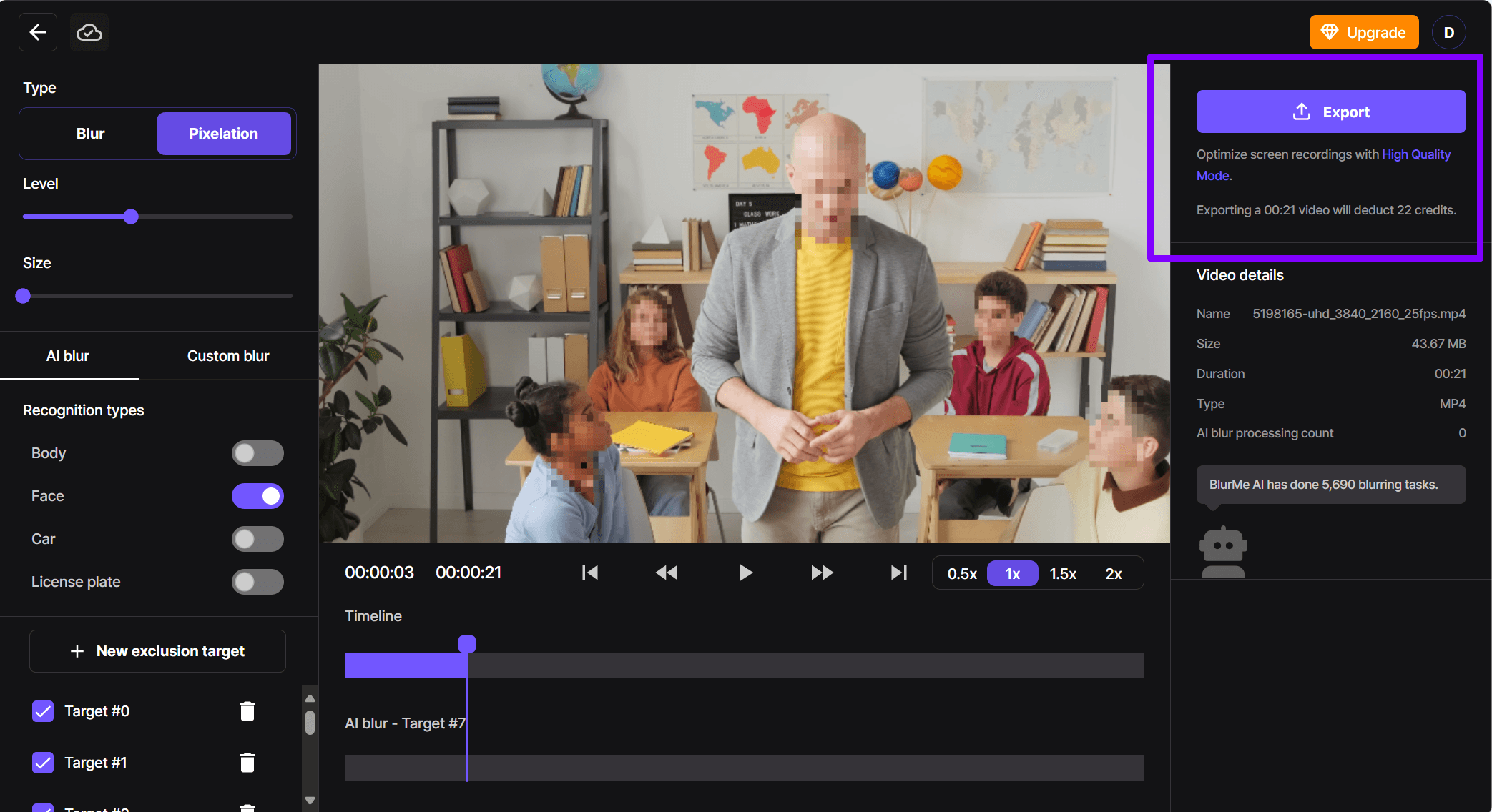 Aperçu et export du rendu final de la vidéo pixélisée