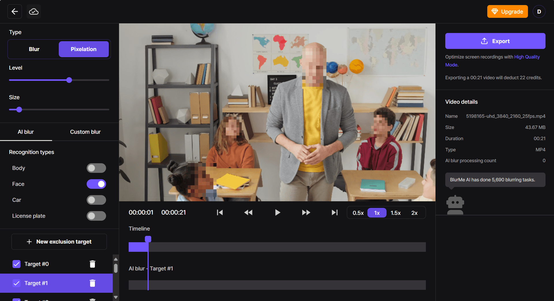Selezione dell'opzione Pixelation dal menu tipo di sfocatura in BlurMe