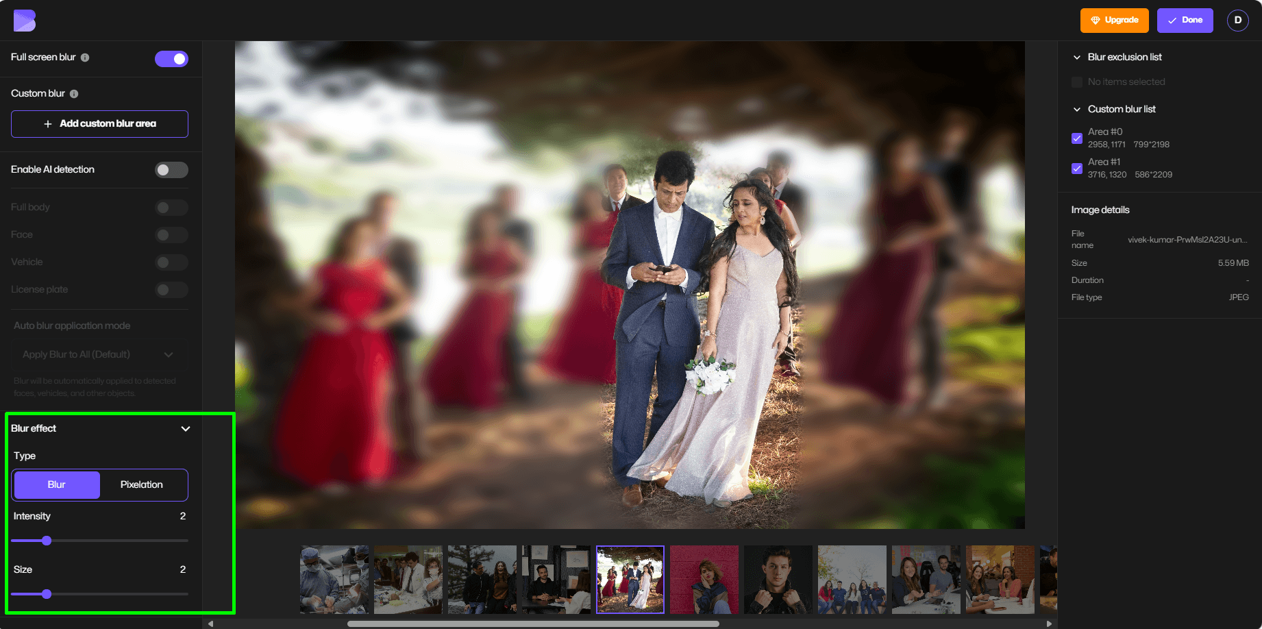 adjusting the settings of the photo's bokeh blur on BlurMe website