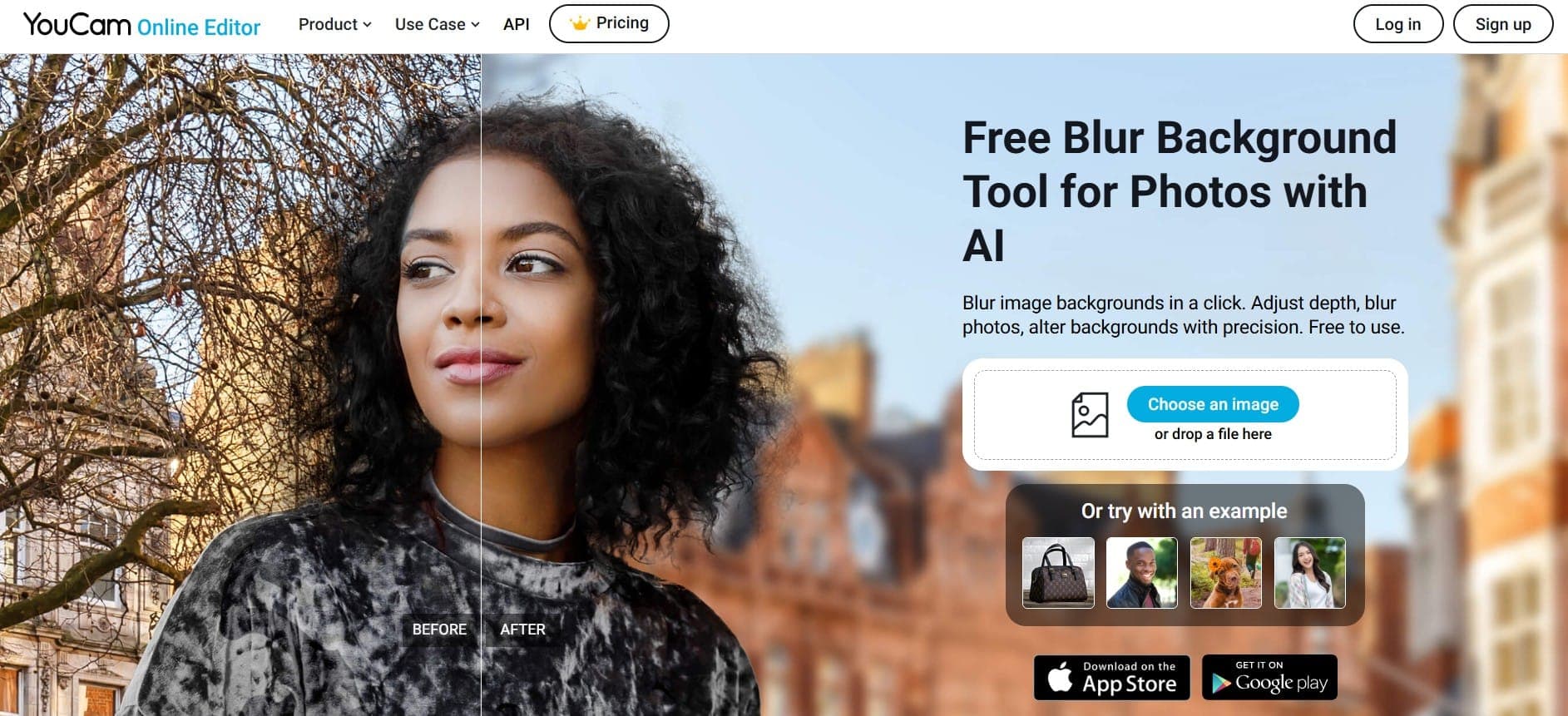 Startbildschirm der YouCam Online-Editor-Webanwendung zur Hintergrundunschärfe