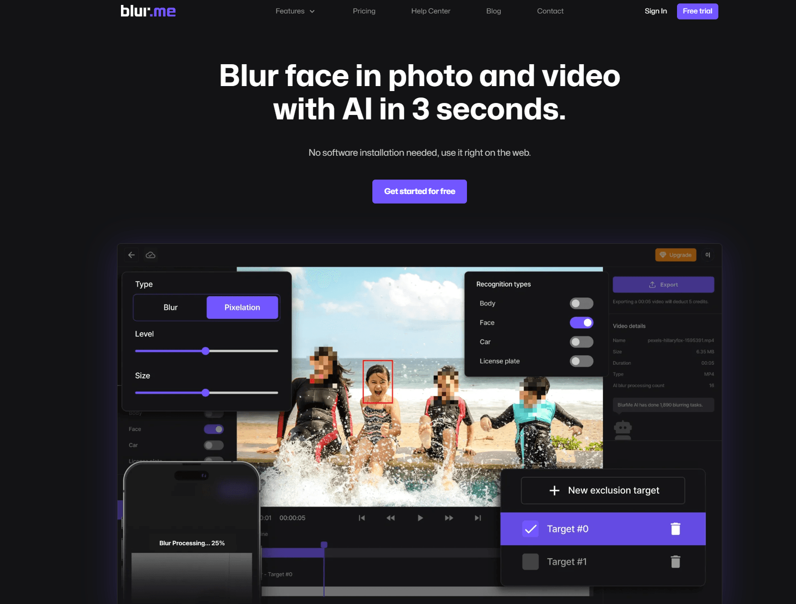 Application de floutage de visage BlurMe page d'accueil